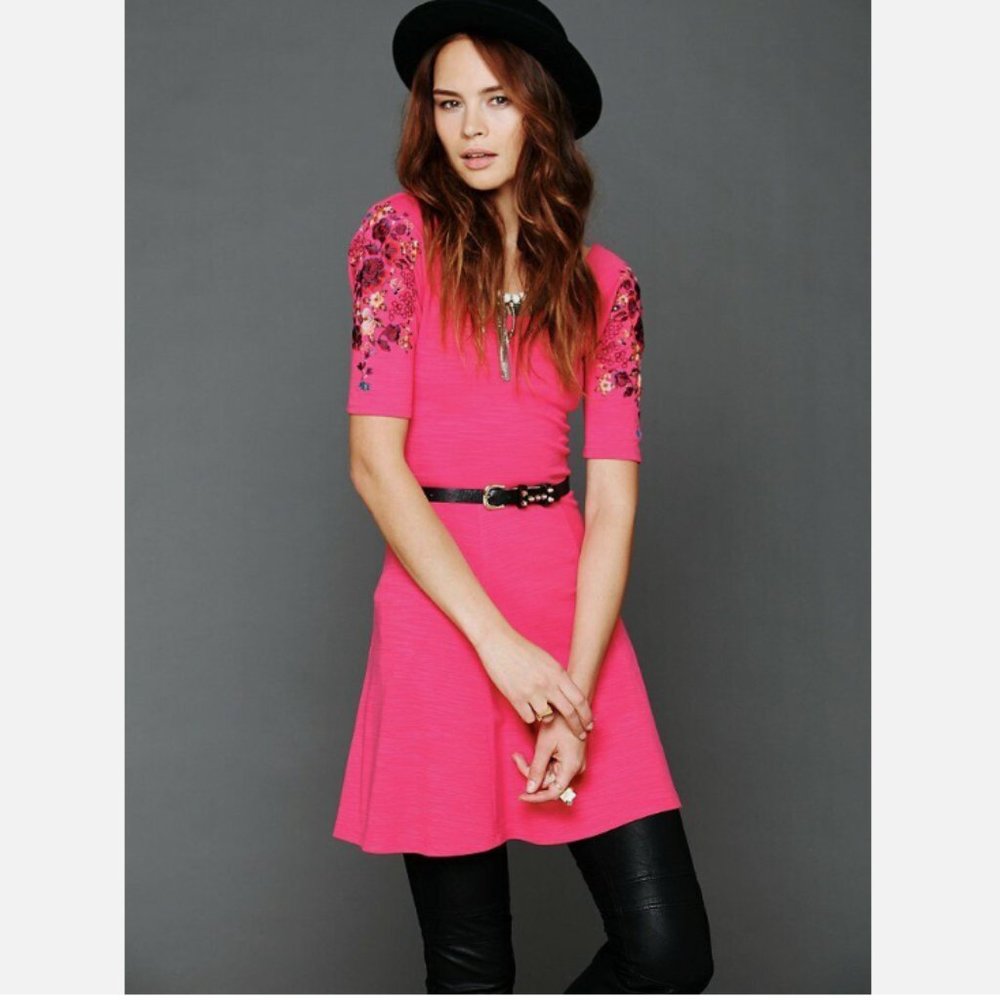 Free People Pink Raspberry Garden Floral Embroidered Fit and Flare Mini Dress XS